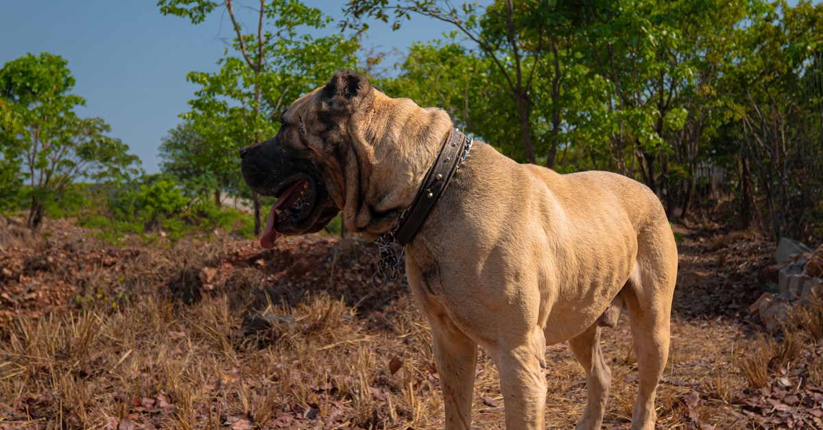 Large tan mastiff-type dog wearing a thick collar outdoors