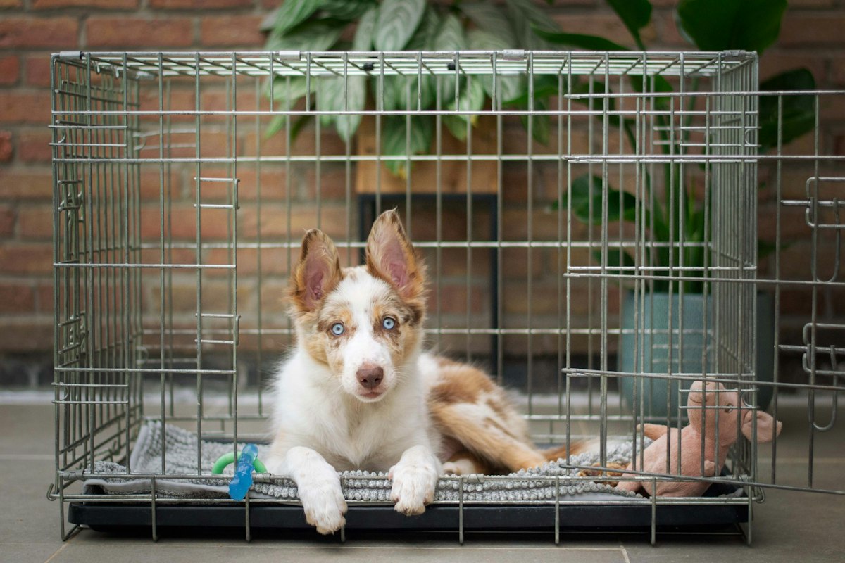 Dog lying in an open wire crate